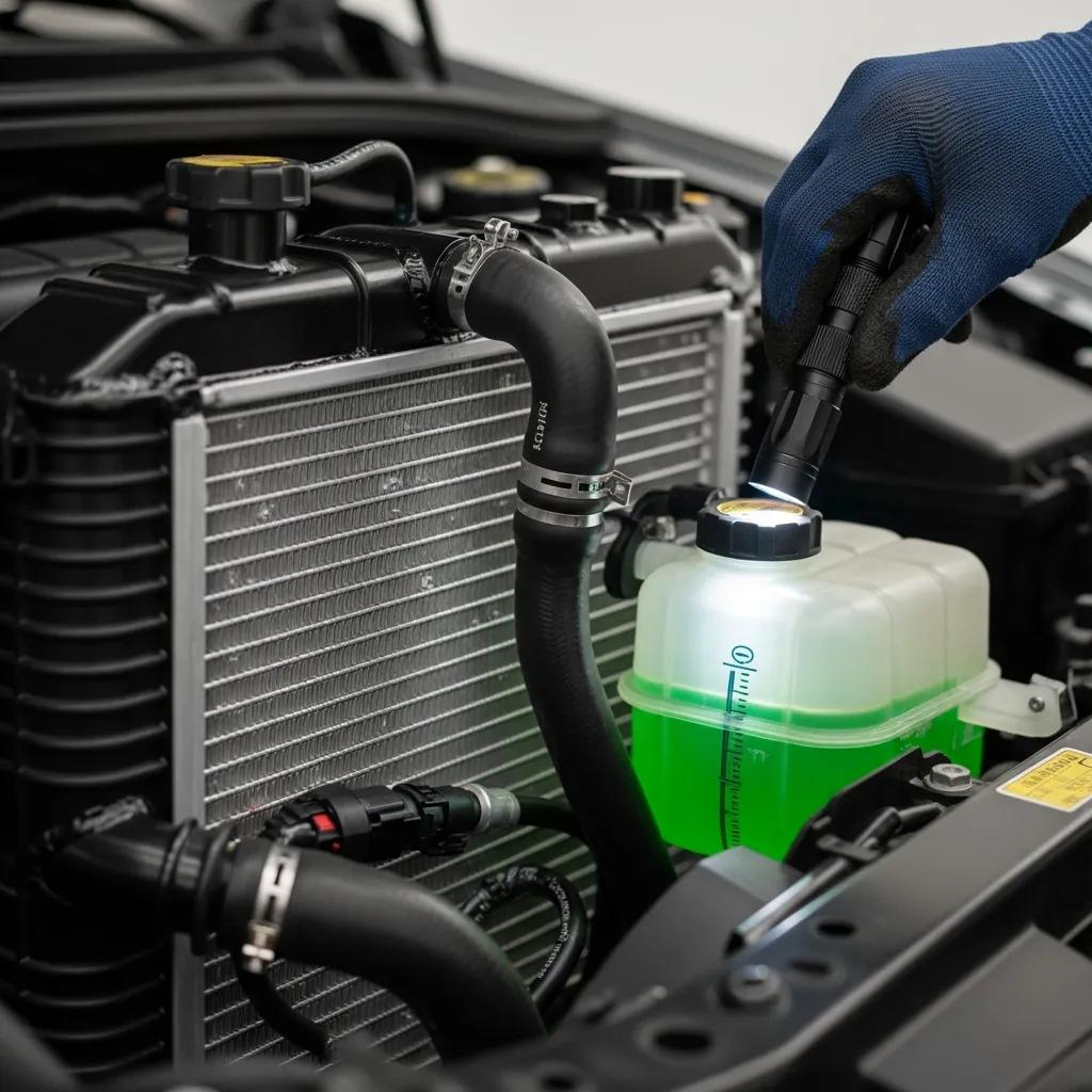 Close-up of cooling system components being inspected for summer maintenance