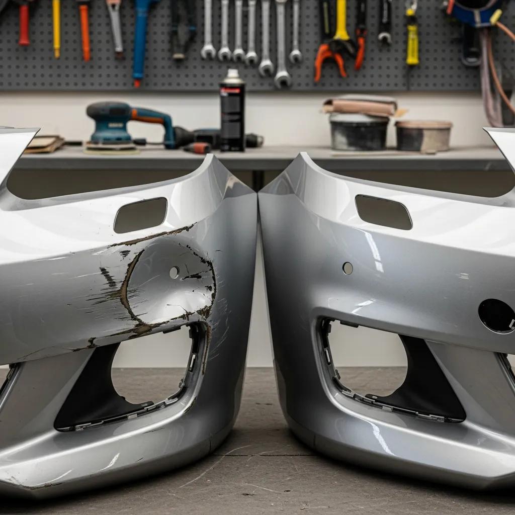 Close-up of a damaged car bumper showing significant scratches and dents on the left, compared to an undamaged bumper on the right, illustrating the impact of damage type on auto body repair costs.