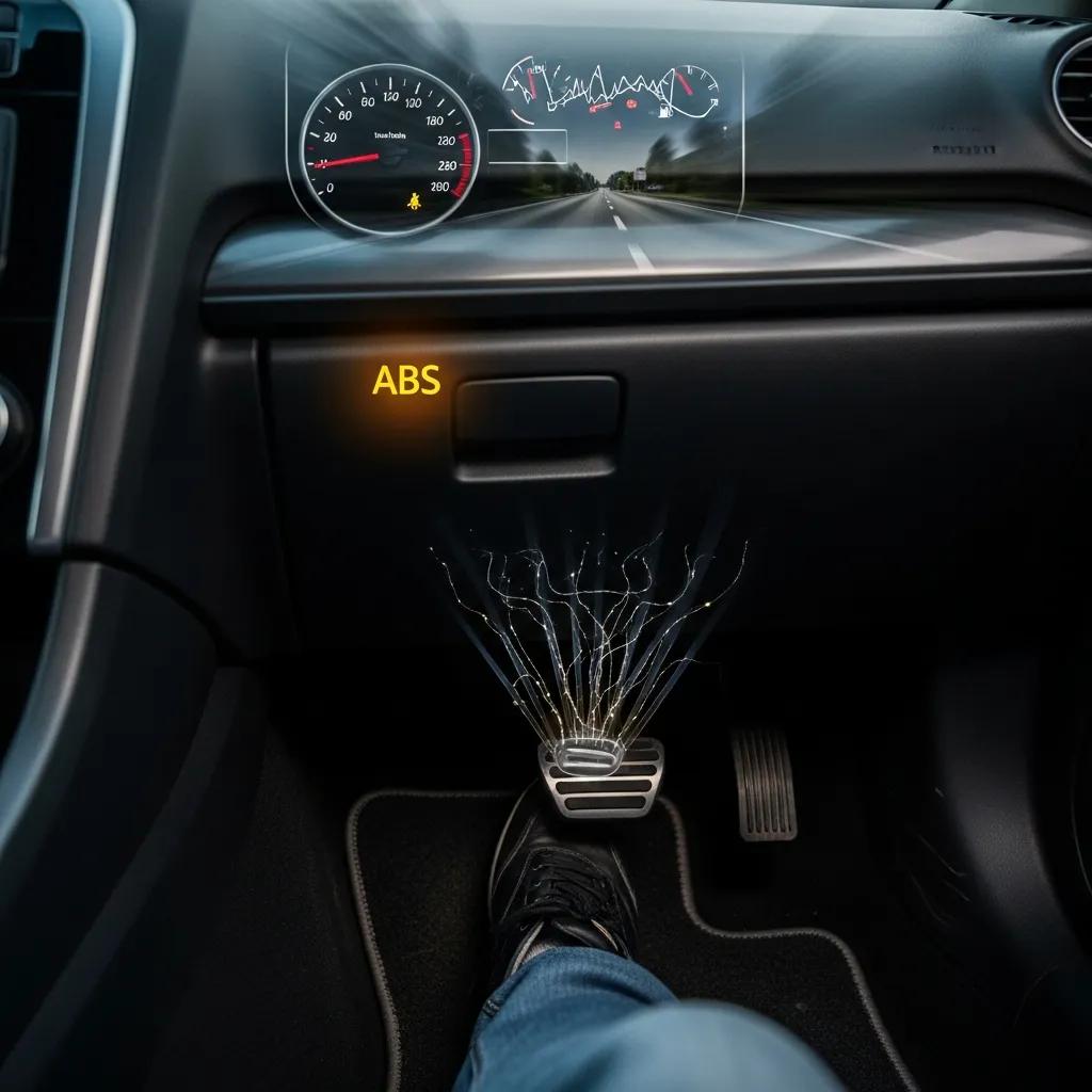 Driver pressing the brake pedal in an ABS-equipped car to demonstrate emergency braking