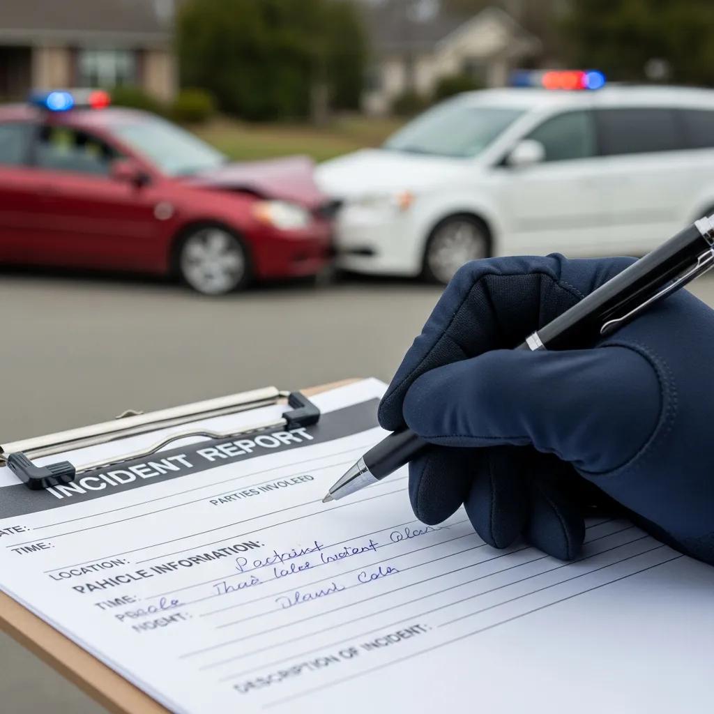 Close-up of a hand filling out an incident report for a minor car accident, with a damaged red vehicle and a police car in the background, emphasizing the importance of documentation for insurance claims.
