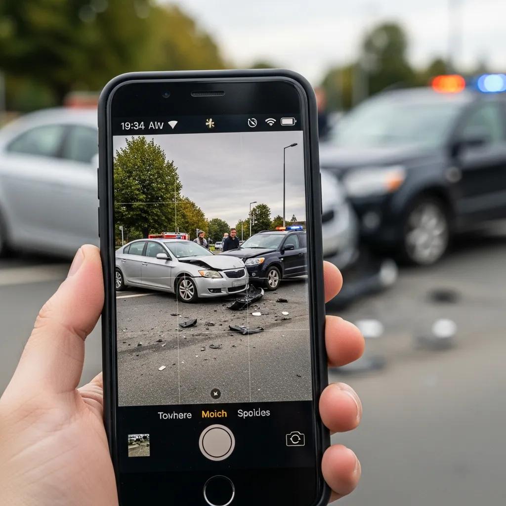 A close-up of a phone taking photos of vehicle damage after a minor collision