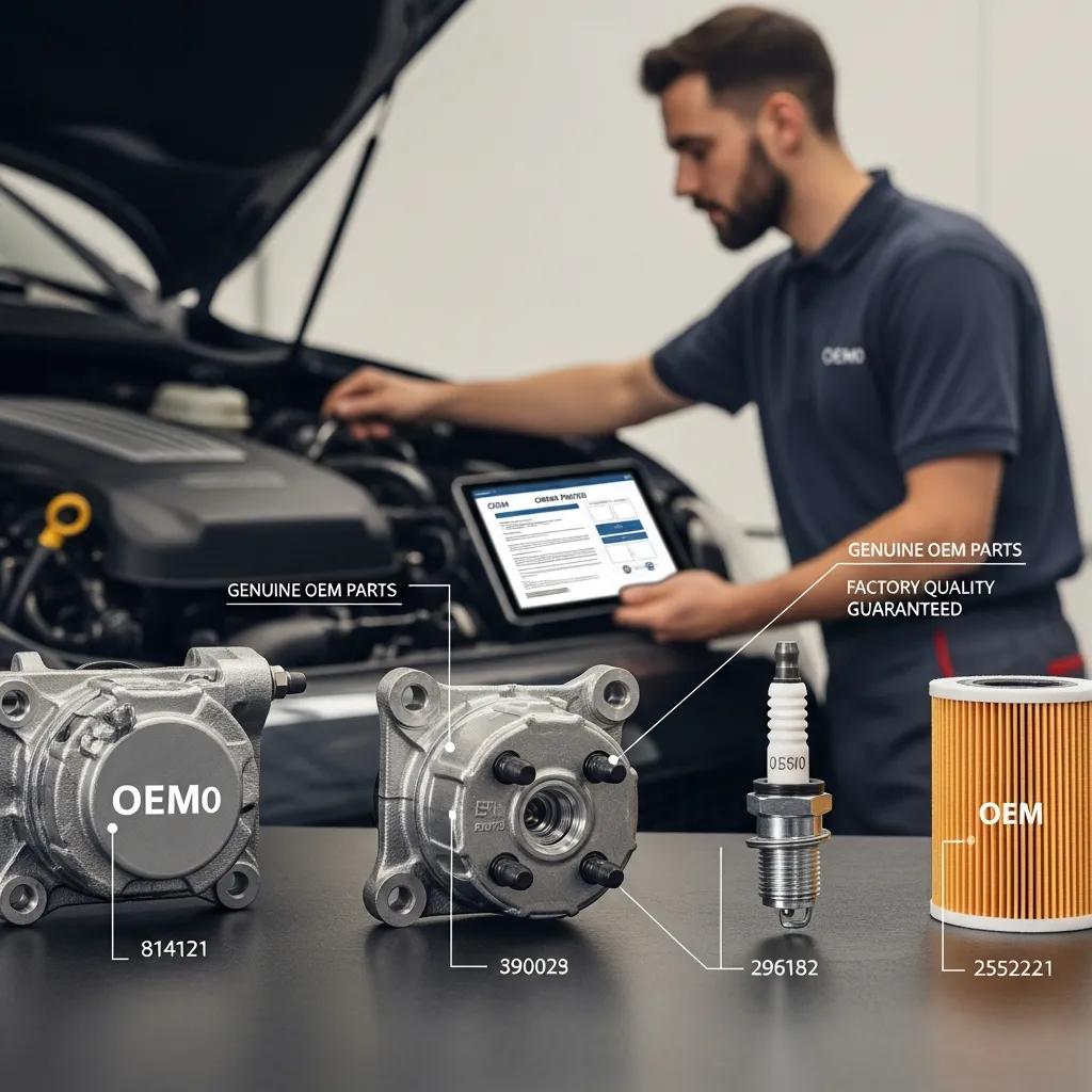 Technician inspecting vehicle engine with genuine OEM parts, including labeled components and tablet displaying certification, emphasizing the importance of OEM certification for quality repairs.