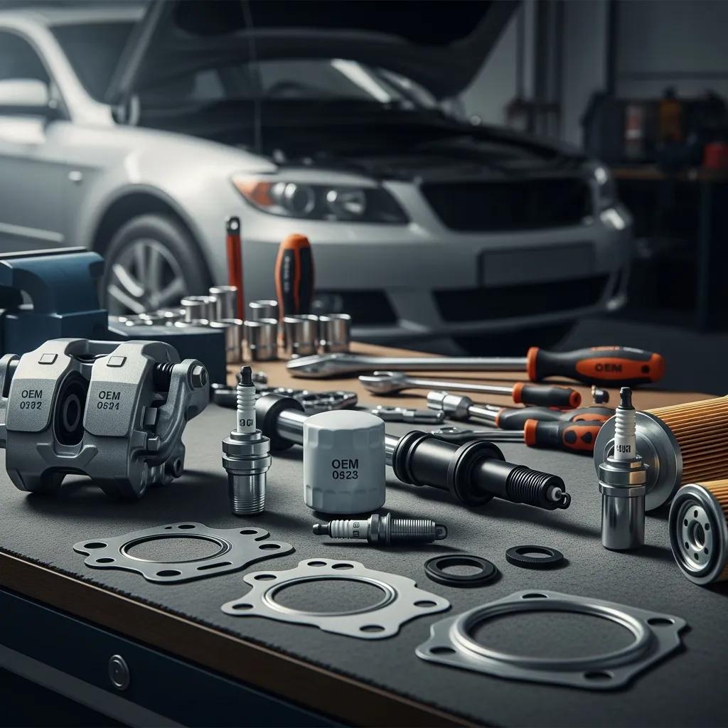 Close-up of OEM auto parts on a workbench, showcasing certified repair components and tools, emphasizing safety and value benefits of OEM-certified repairs.