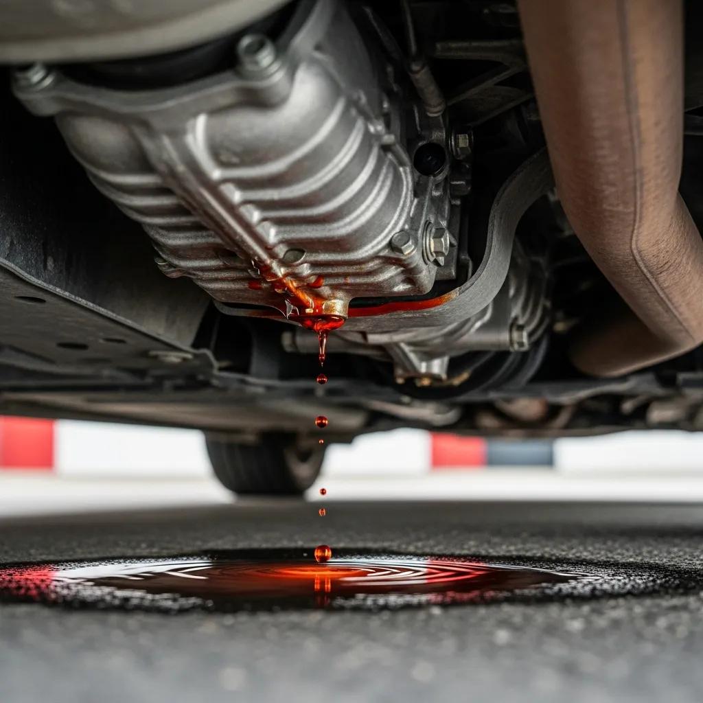 Close-up showing a transmission fluid leak under a vehicle, a common sign of transmission issues