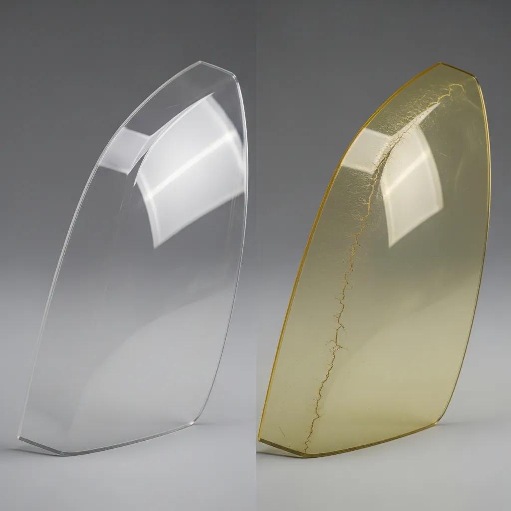 Side‑by‑side: clear headlight lens and one damaged by UV yellowing