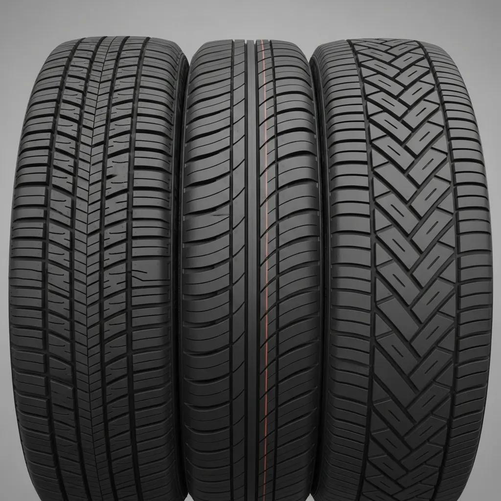 Side-by-side comparison of symmetrical, asymmetrical, and directional tire treads