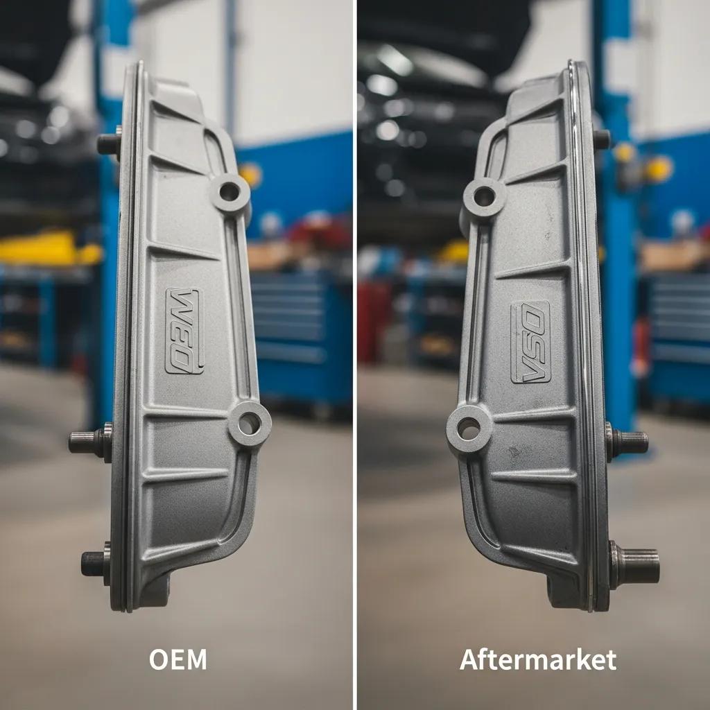 OEM and aftermarket car parts comparison, highlighting differences in quality and cost, with OEM part labeled on the left and aftermarket part labeled on the right, set in an auto repair shop environment.