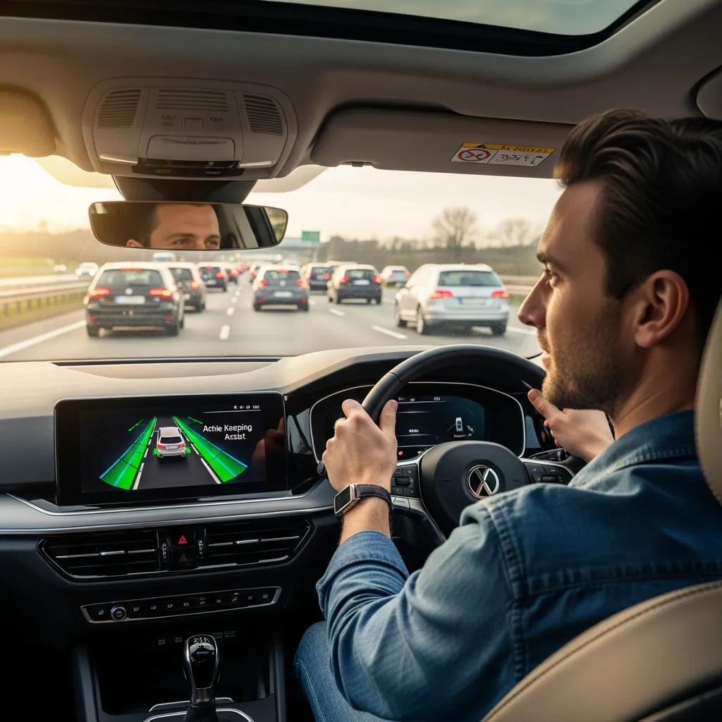 Driver using Lane Keeping Assist (LKA) technology in heavy traffic, with a dashboard display showing lane guidance and vehicle positioning.