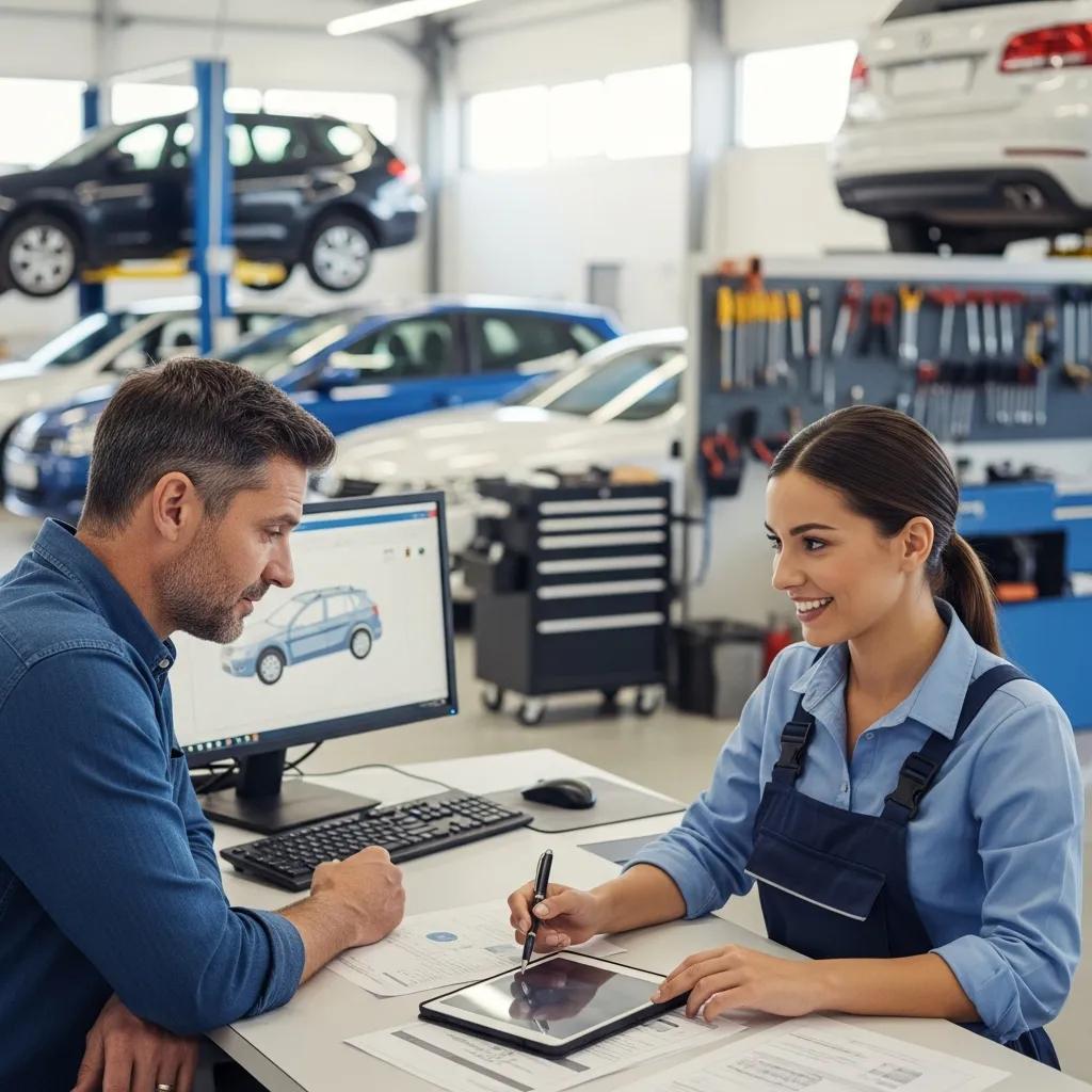 Customer consulting with an auto body shop representative in a repair facility, discussing OEM-certified repair options, with vehicles in the background and a computer displaying vehicle graphics.