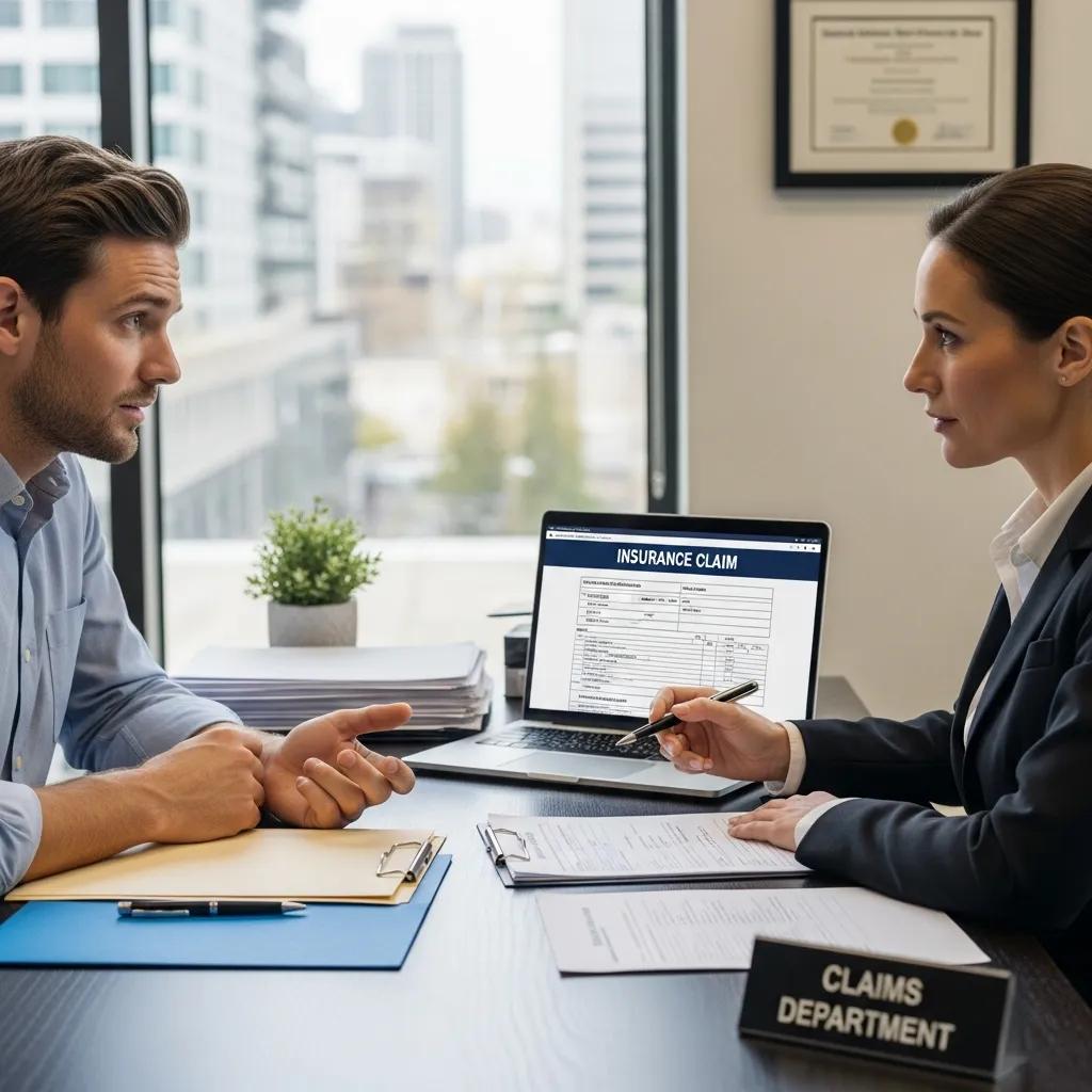 Customer discussing auto accident insurance claim process with an insurance agent in an office, laptop displaying "Insurance Claim" document, paperwork and claims department sign visible.