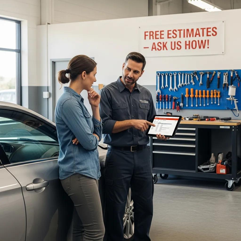 Customer discussing vehicle assessment with technician at auto body shop, reviewing free estimate details on tablet in professional setting.