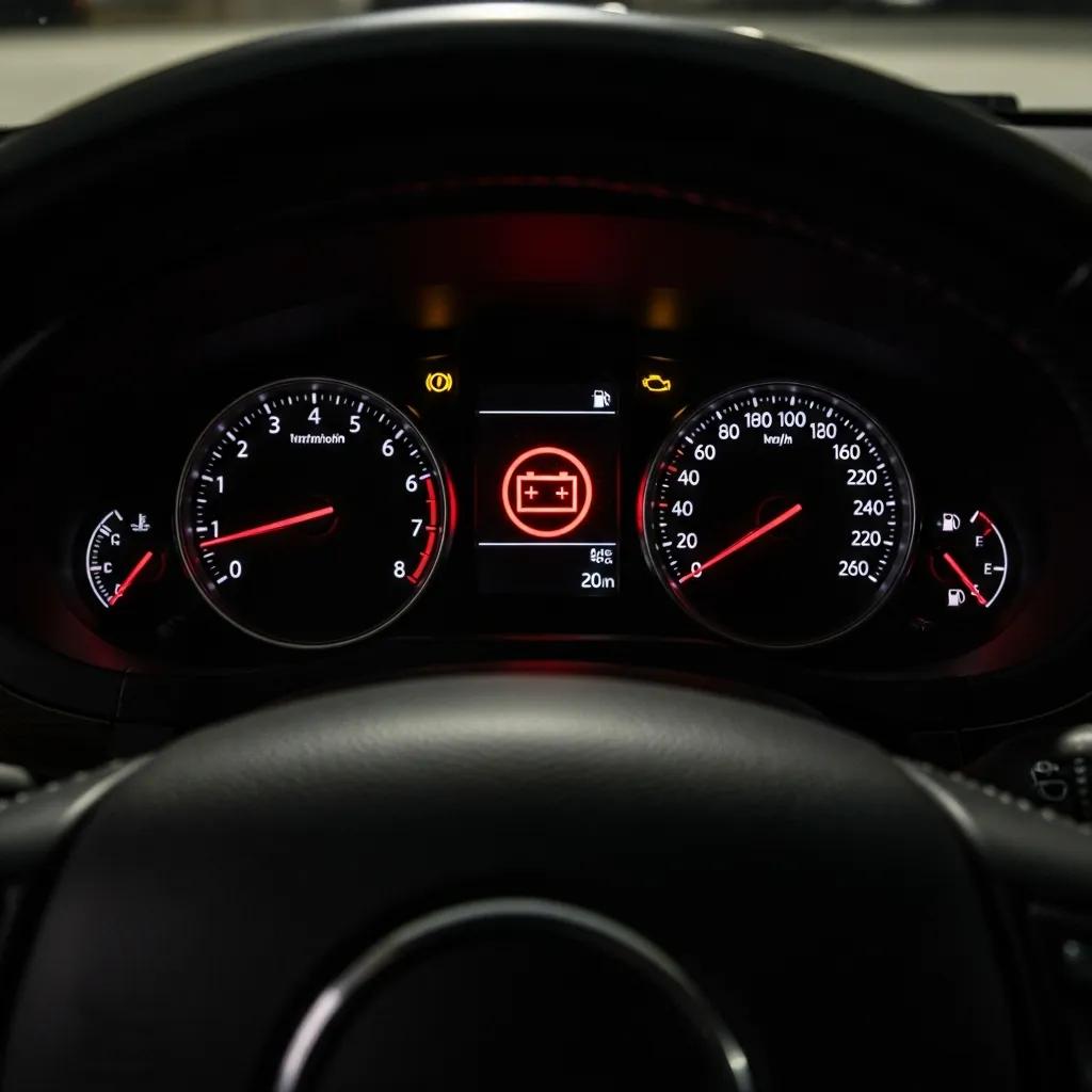 Car dashboard with the battery warning light illuminated — check charging system and battery