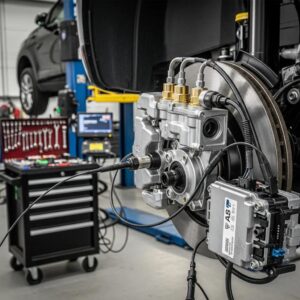 Detailed view of anti-lock braking system components in an automotive workshop, emphasizing safety technology