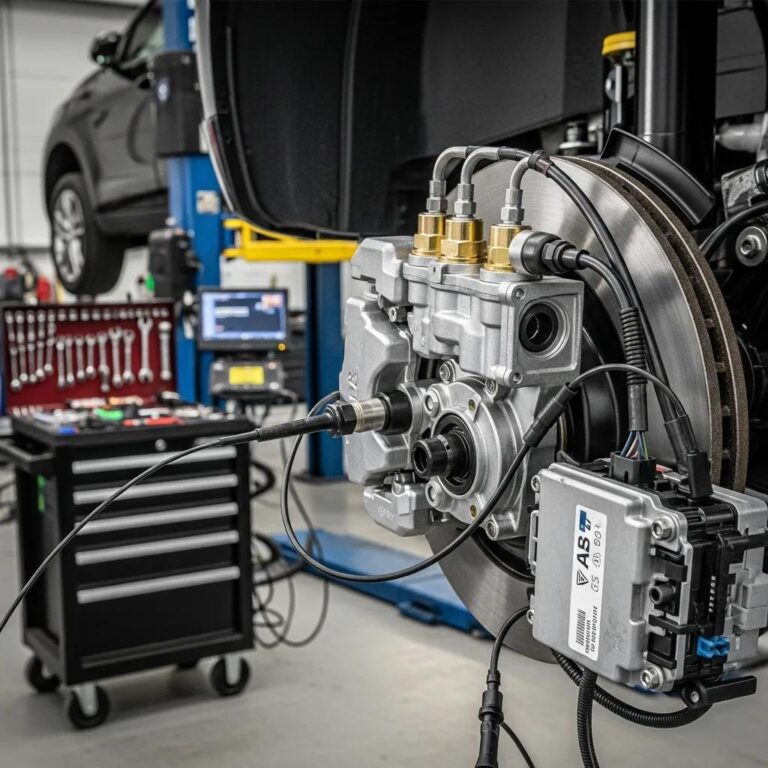 Detailed view of anti-lock braking system components in an automotive workshop, emphasizing safety technology