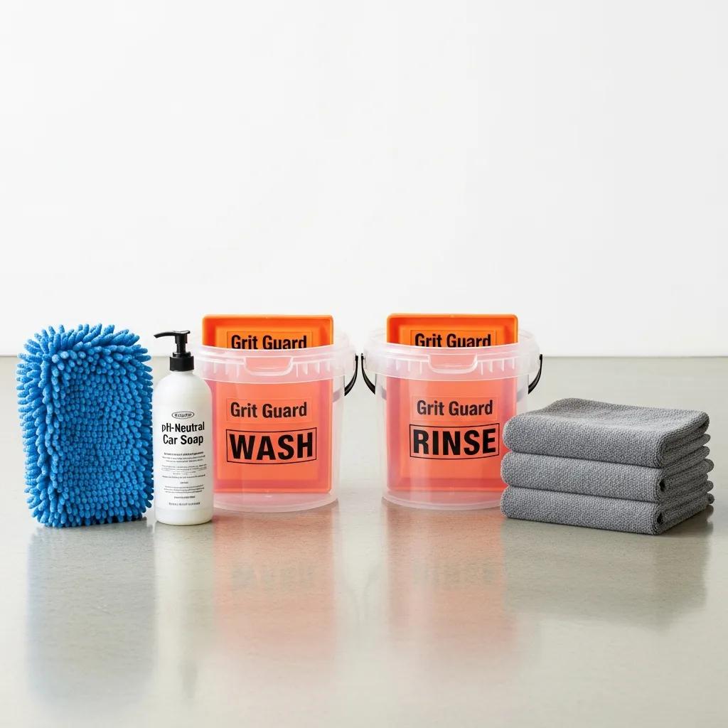 Layout of car wash tools: two buckets with grit guards, microfiber mitt, and pH‑neutral soap ready for use