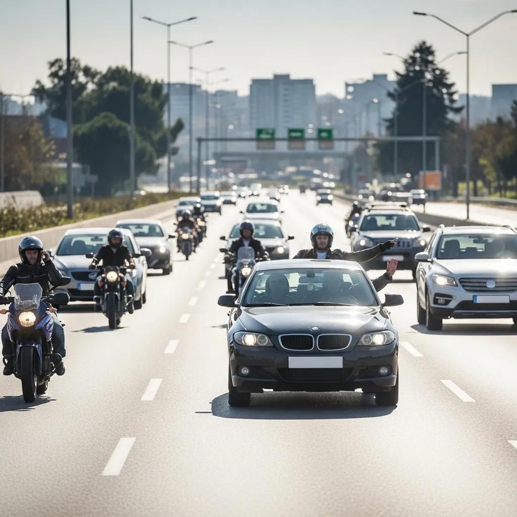 Diverse drivers practicing defensive driving techniques on a busy road, emphasizing safety and awareness in traffic.