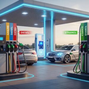 Diverse fuel types for cars at a modern gas station, featuring gasoline, diesel, and ethanol pumps alongside electric vehicle charging station, relevant to understanding different fuel choices for vehicle care.