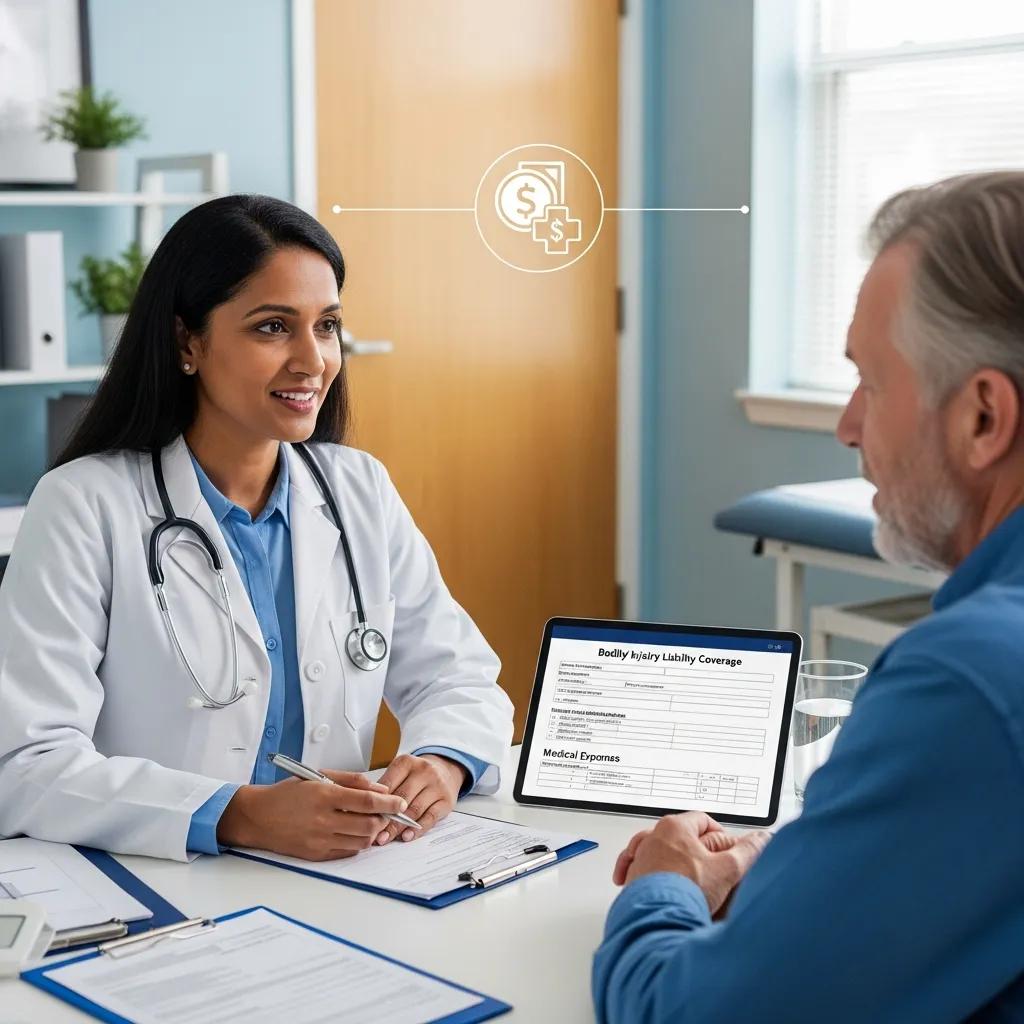 Doctor discussing bodily injury liability coverage with a patient, featuring medical expense documentation on a tablet, emphasizing medical expenses and insurance claims.