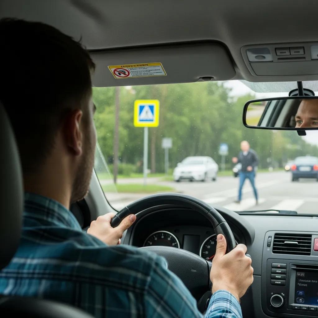 Driver focused on the road, scanning for potential hazards, with a pedestrian crossing ahead and a traffic sign visible, emphasizing the importance of hazard perception in defensive driving.
