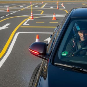 Driver practicing emergency braking techniques in a controlled environment with a focus on vehicle safety