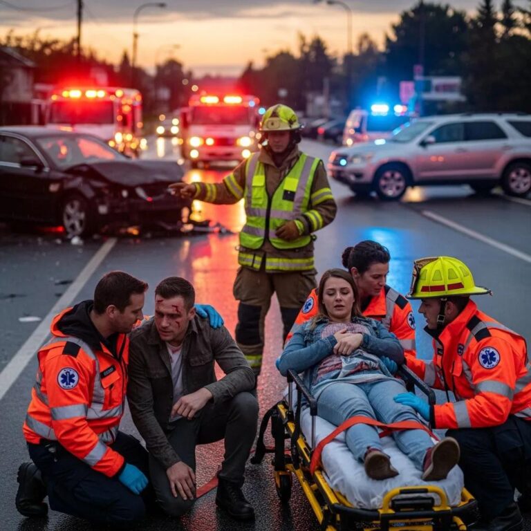 Emergency responders assisting individuals at a car accident scene, emphasizing personal injury protection and care