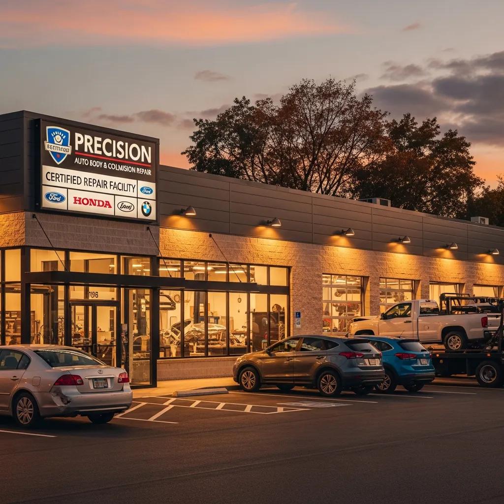 Exterior view of Precision Auto Body & Collision Repair facility, showcasing certified repair signage, illuminated building, and parked vehicles, emphasizing professionalism and quality service for auto repairs.