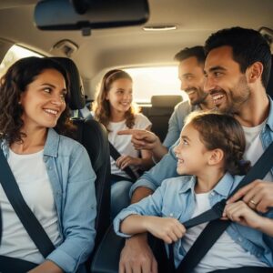 Family buckling up in a car, emphasizing seatbelt safety and the importance of proper use for vehicle safety.