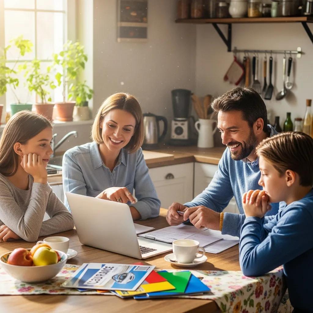 Family discussing car insurance bundling options at home, reviewing documents and laptop, with colorful insurance brochures on the table.