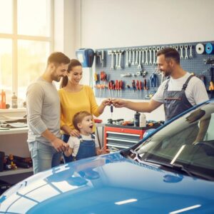 Family engaging with a mechanic at a body shop, highlighting collision repair services and customer satisfaction.