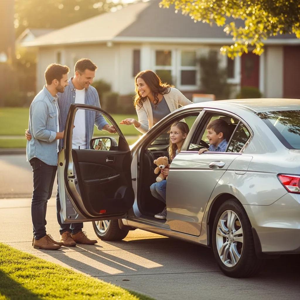 Family inspecting a used car outdoors, conveying trust and excitement in the buying process