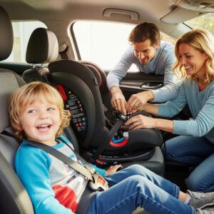 Family installing a child car seat in a vehicle, highlighting safety and care
