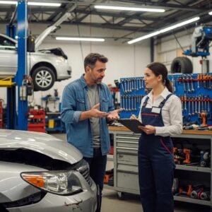 Frustrated vehicle owner discussing auto body repair concerns with a representative in a professional shop environment, highlighting customer service in the auto repair industry.