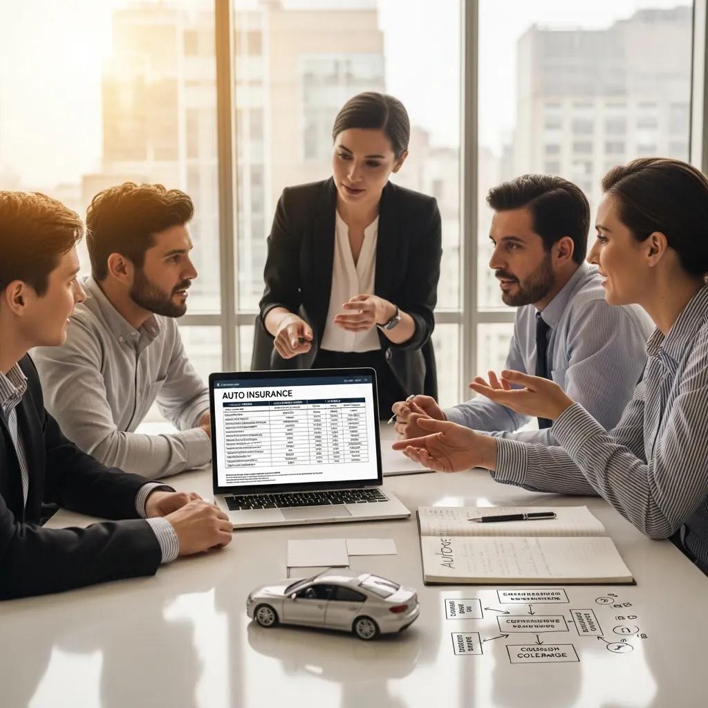 Group discussing auto insurance options with documents and car model