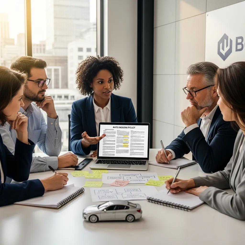 Group discussing auto insurance terms with a laptop displaying an auto insurance policy and a model car on the table, in a professional meeting setting.