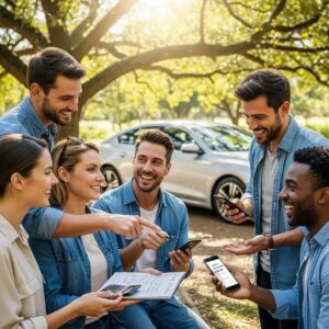 Group of diverse drivers discussing car insurance strategies outdoors