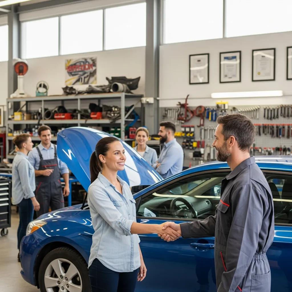 Happy customer shaking hands with an auto body shop technician, surrounded by satisfied staff and vehicles, reflecting trust and quality service at Prime Time Collision Center.