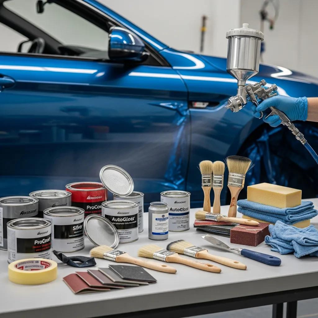 High-quality auto paint materials and tools, including spray gun, brushes, and various paint cans, showcased in an auto body repair setting, emphasizing the importance of paint quality in repair costs.