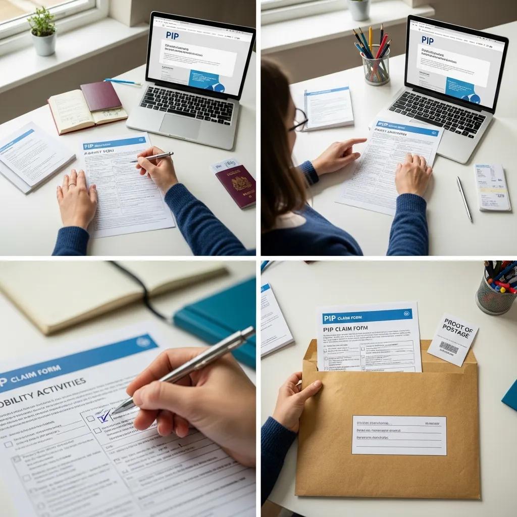 Individual completing a PIP claim form at a desk, with a laptop displaying PIP information, surrounded by documents and a passport, illustrating the claims process for Personal Injury Protection insurance.
