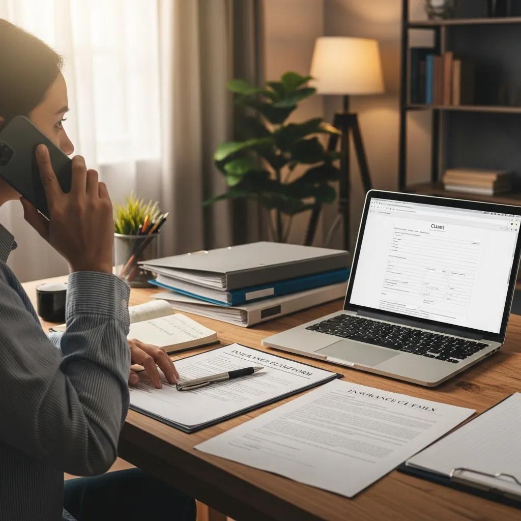 Home office scene: filing and tracking an auto insurance claim with documents and laptop