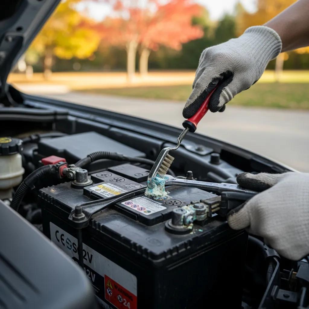 Person cleaning car battery terminals with a brush, ensuring optimal battery health for cold weather, with fall foliage in the background.