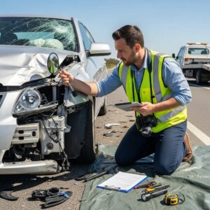 Insurance adjuster assessing vehicle damage at an accident scene, with tools and clipboard on the ground, emphasizing the importance of certified repairs and claims processes.