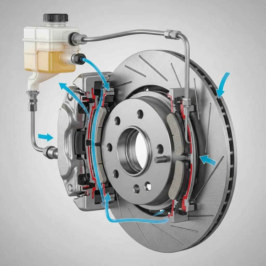 Illustration of a car brake system showing brake pads, rotors, calipers, and brake fluid lines, highlighting their interactions and hydraulic function.
