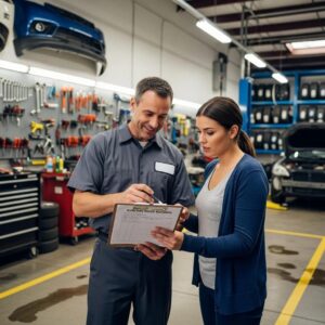 Mechanic discussing auto body repair estimate with customer in garage, surrounded by tools and vehicles, emphasizing reliable service and customer care.