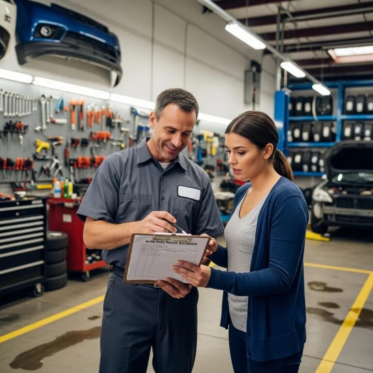 Mechanic and customer discussing an auto body repair estimate in a garage, highlighting Prime Time Collision Center's commitment to quality service and customer support.