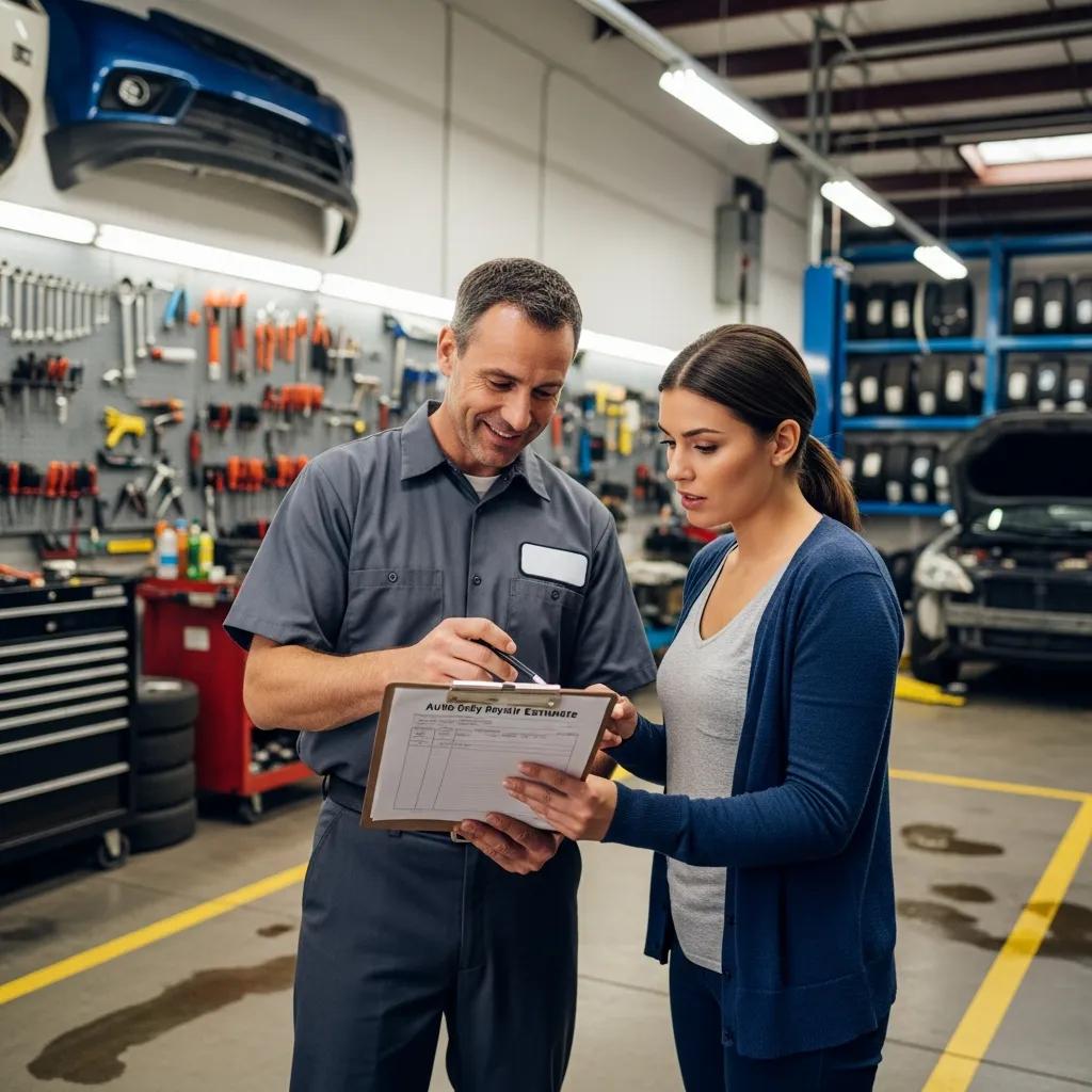 Mechanic discussing auto body repair estimate with customer in garage, surrounded by tools and vehicles, illustrating customer service and pricing evaluation.
