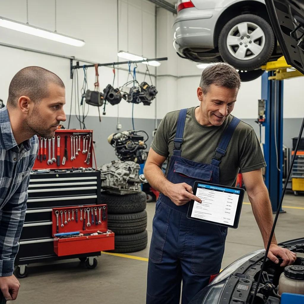 Mechanic explaining brake pad replacement costs to customer in repair shop, highlighting service transparency and OEM parts benefits.