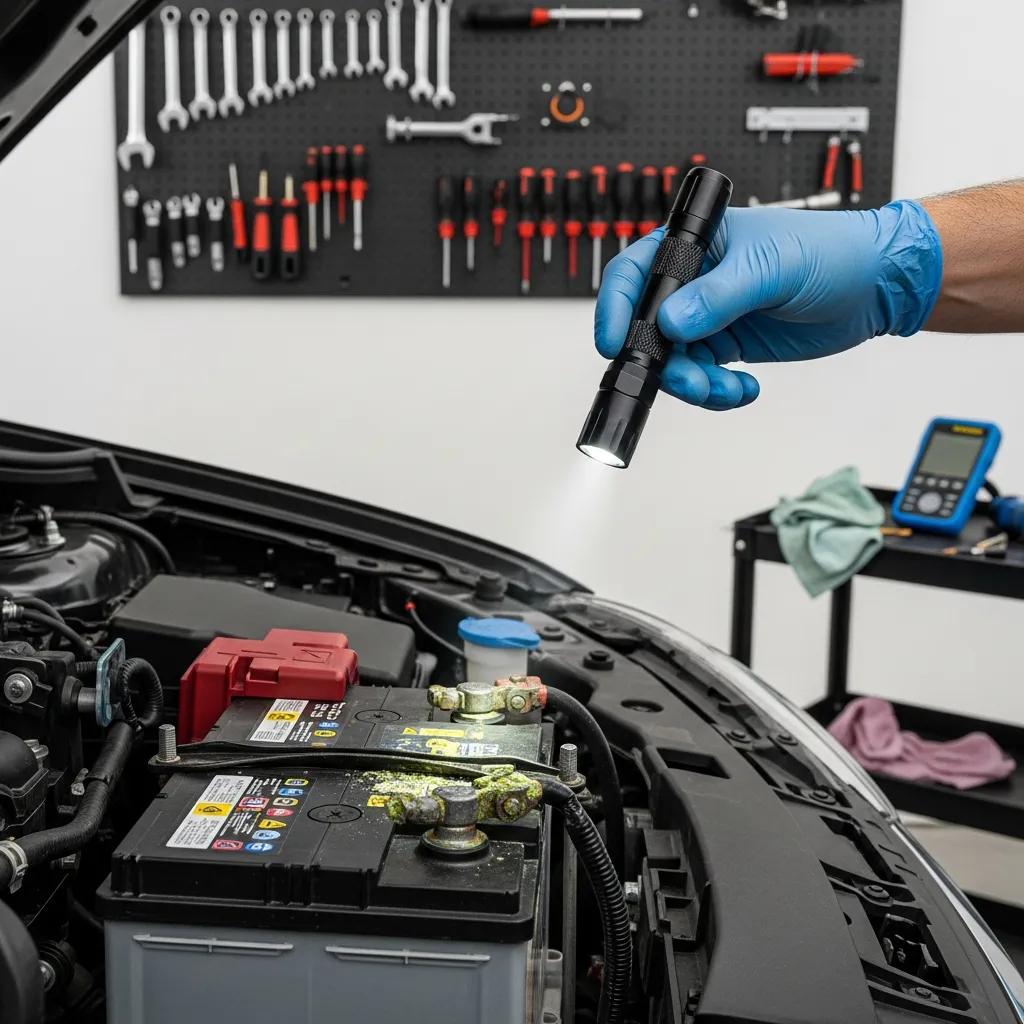 Technician checking a car battery for corrosion during routine maintenance