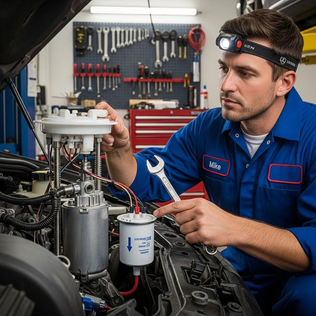 Technician checking a fuel pump and filter to illustrate fuel-system care
