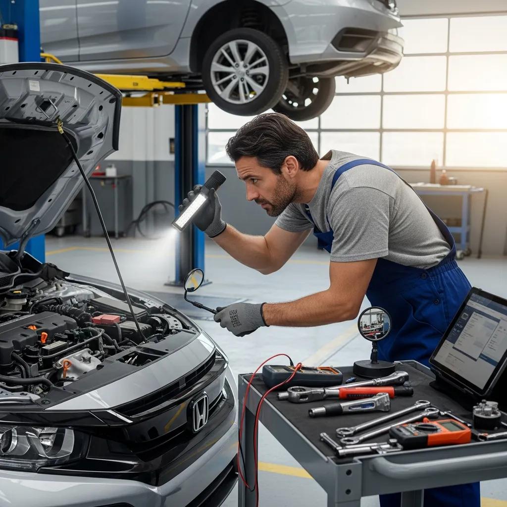 Mechanic performing a careful inspection of a used vehicle in a shop