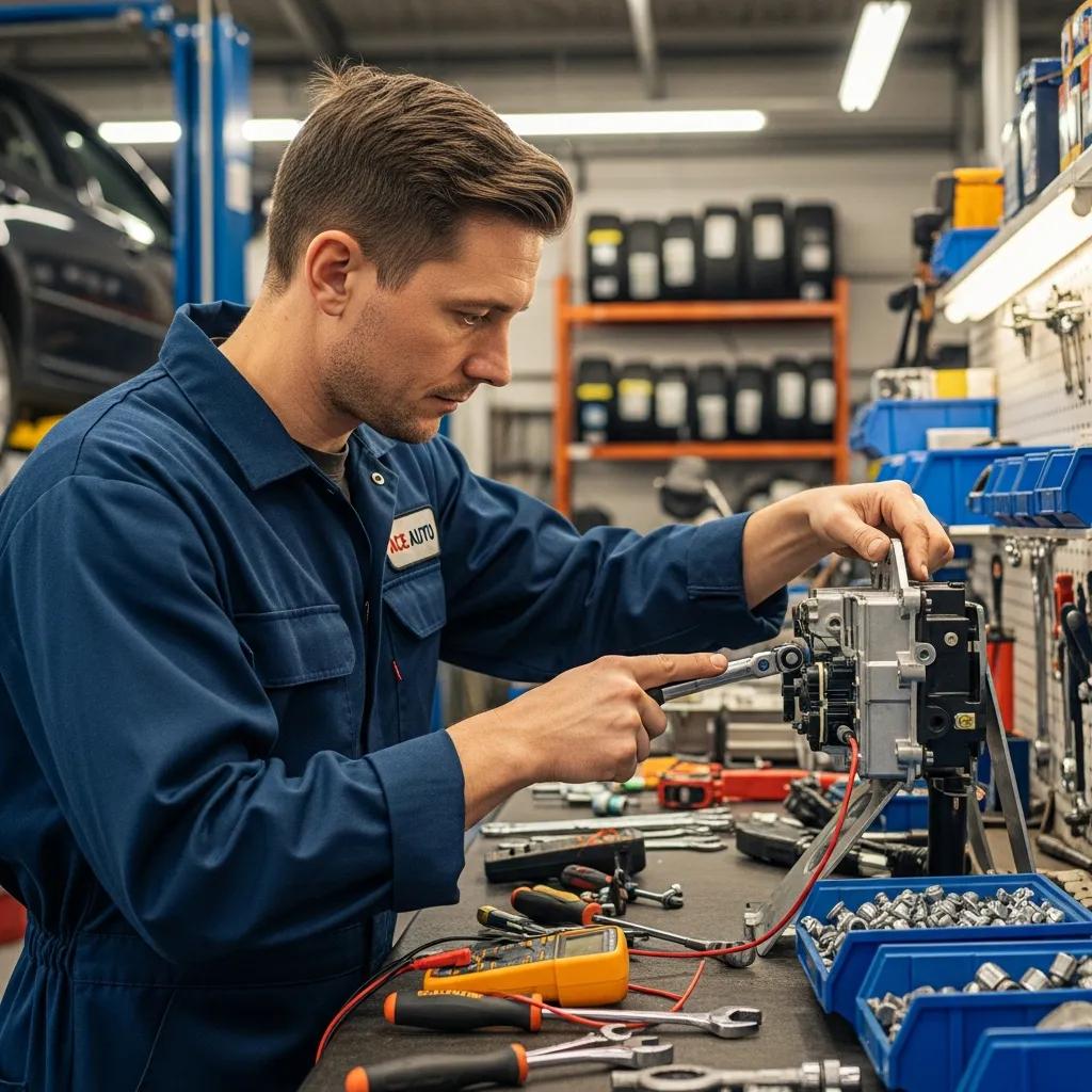 Mechanic inspecting an ABS module in an auto repair shop, surrounded by tools and diagnostic equipment, emphasizing automotive safety repairs.